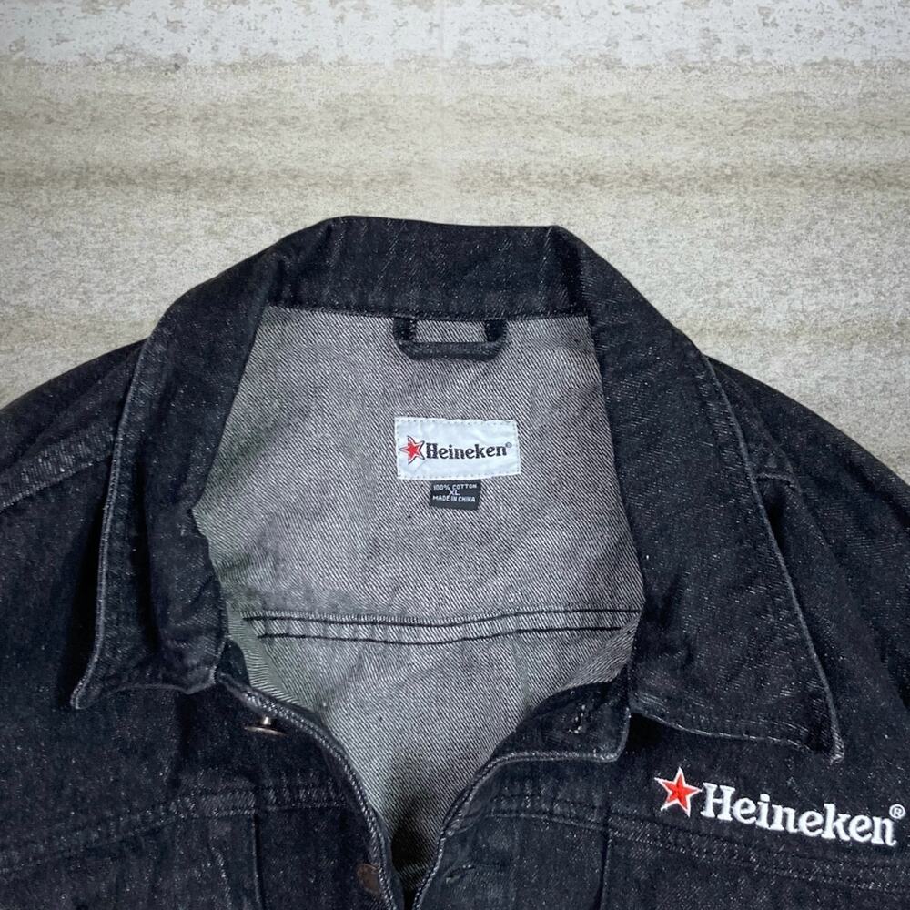 Vintage Y2K Heineken Jean Jacket Mens XL Black Wash Button Up Red Star Records - Picture 3 of 3